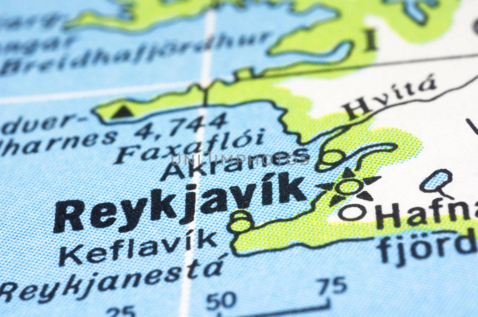 A close up shot of Reykjavík on map, capital of Iceland.