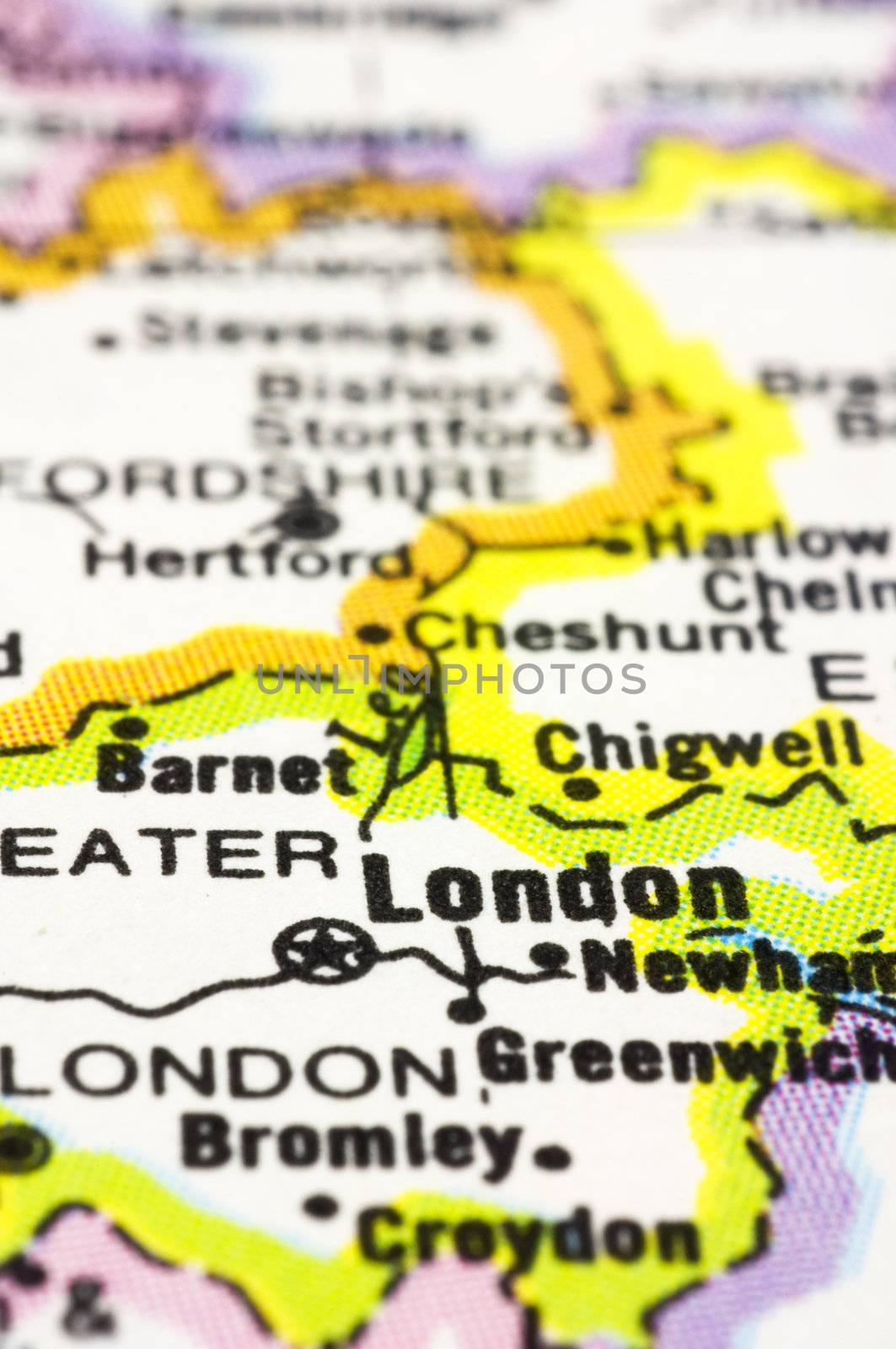 close up London on map.London is capital city of England and the United Kingdom.