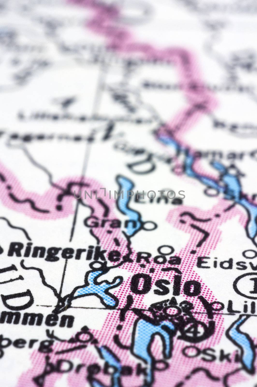 Oslo, a close up shot of Norway capital on map.