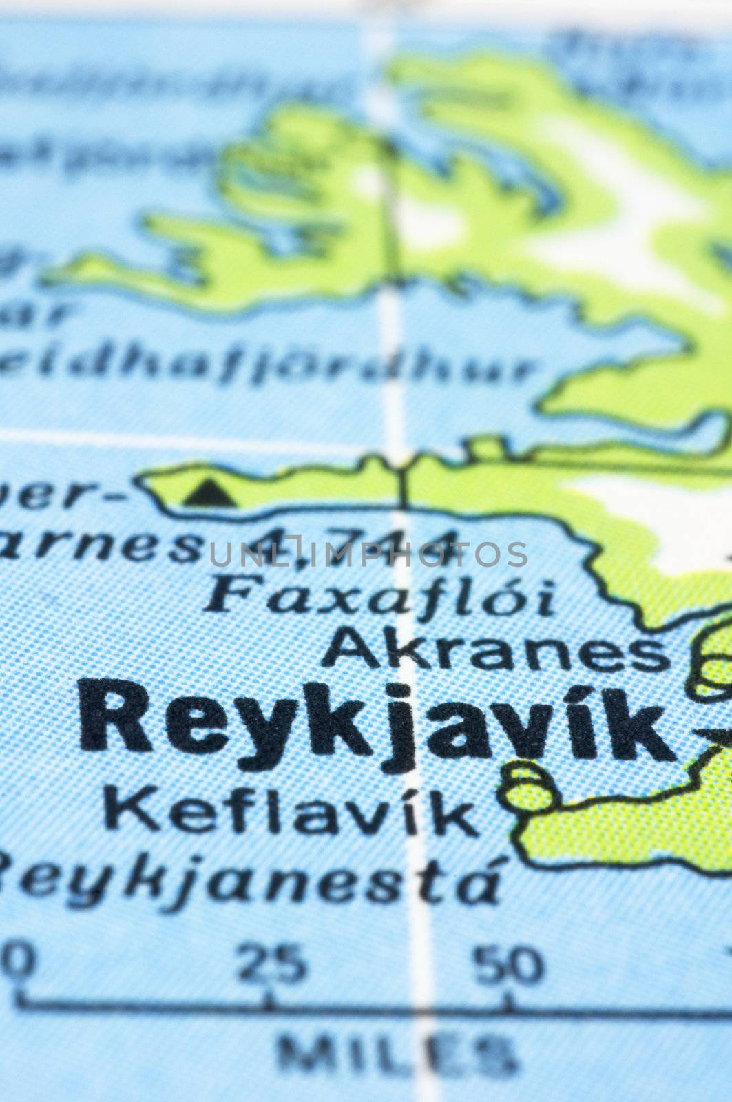 A close up shot of Reykjavík on map, capital of Iceland.