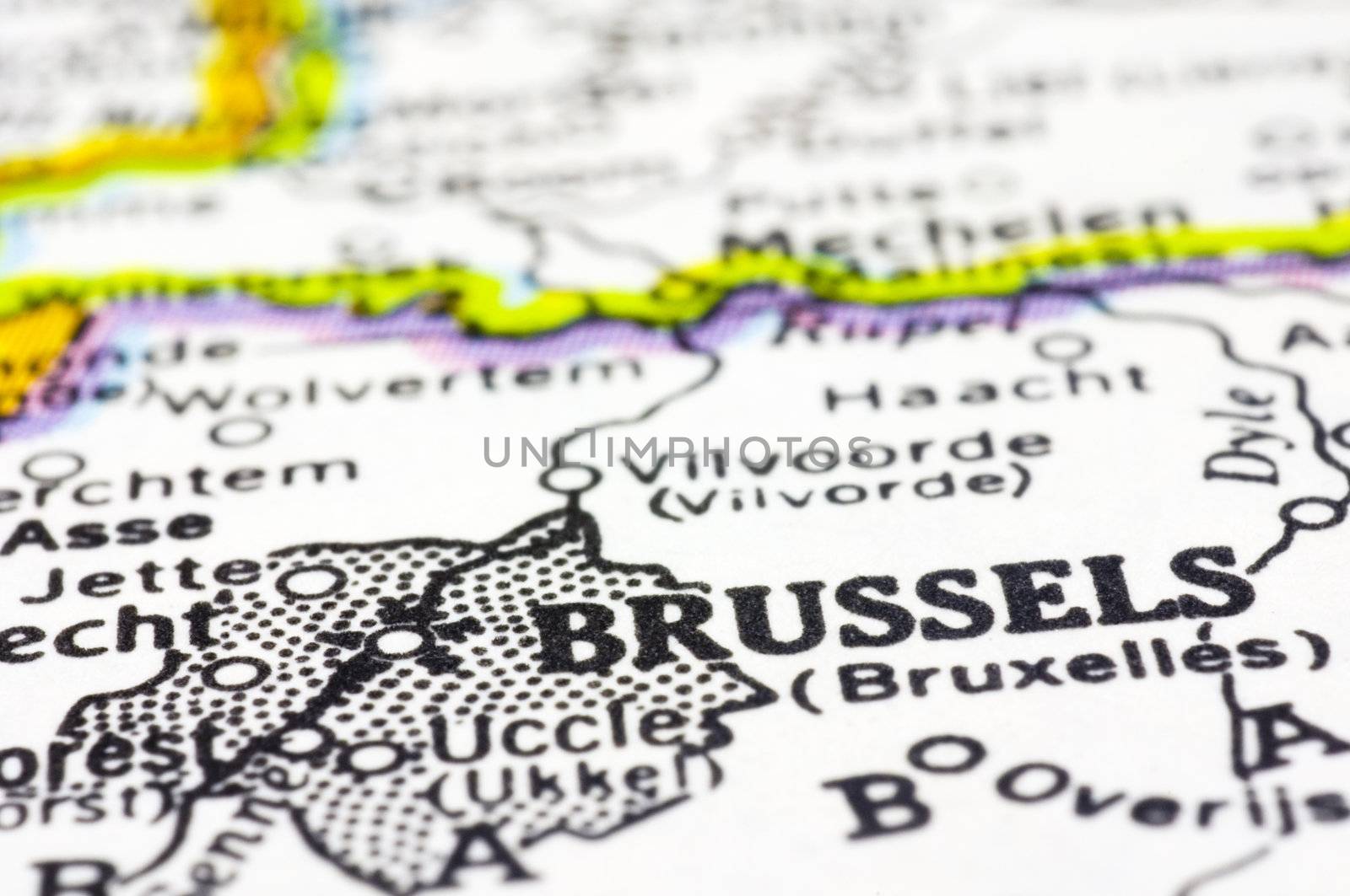 A close up shot of Brussels on map, capital of Belgium. 