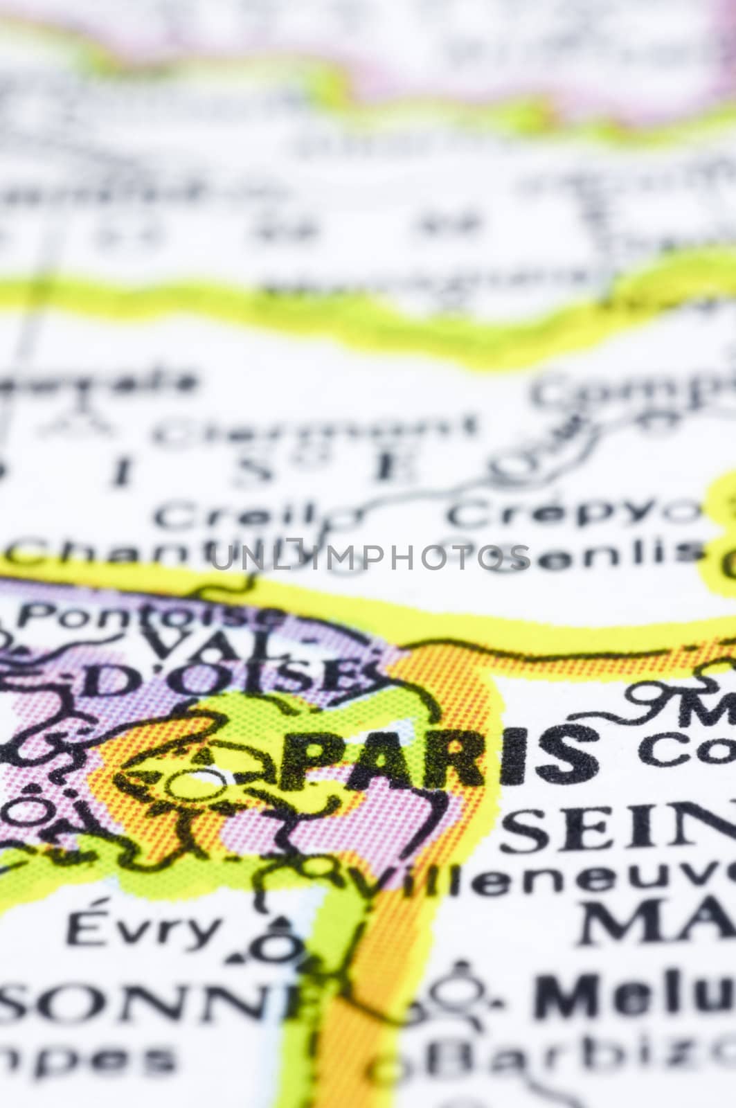 A close up of Paris on map, a city of France.