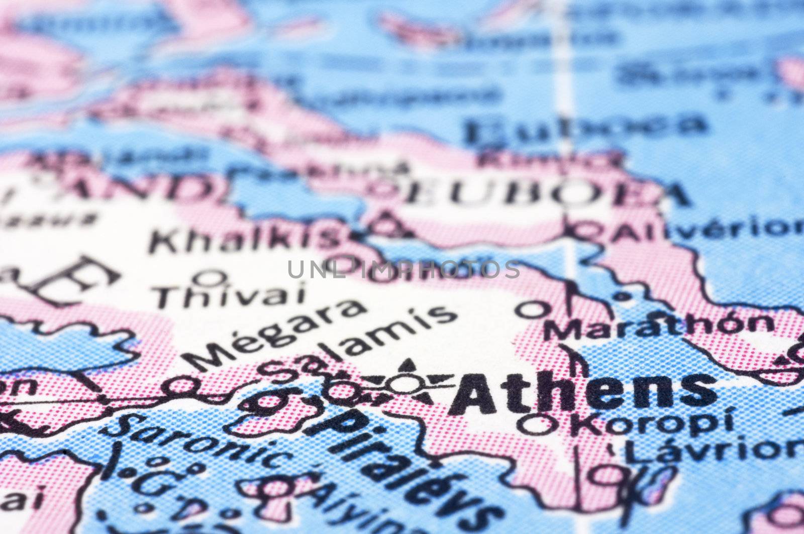a close up shot of Athens on map, capital of Greece.