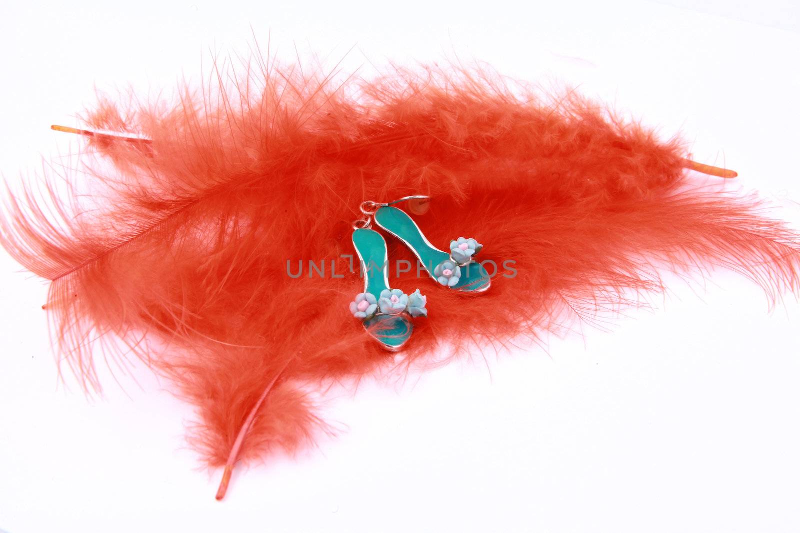 Turquoise shoes earrings on orange feather