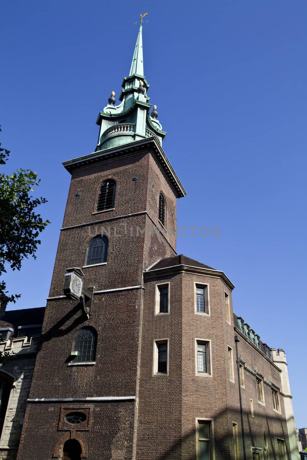 Looking up at All-Hallows-by-the-Tower in London.