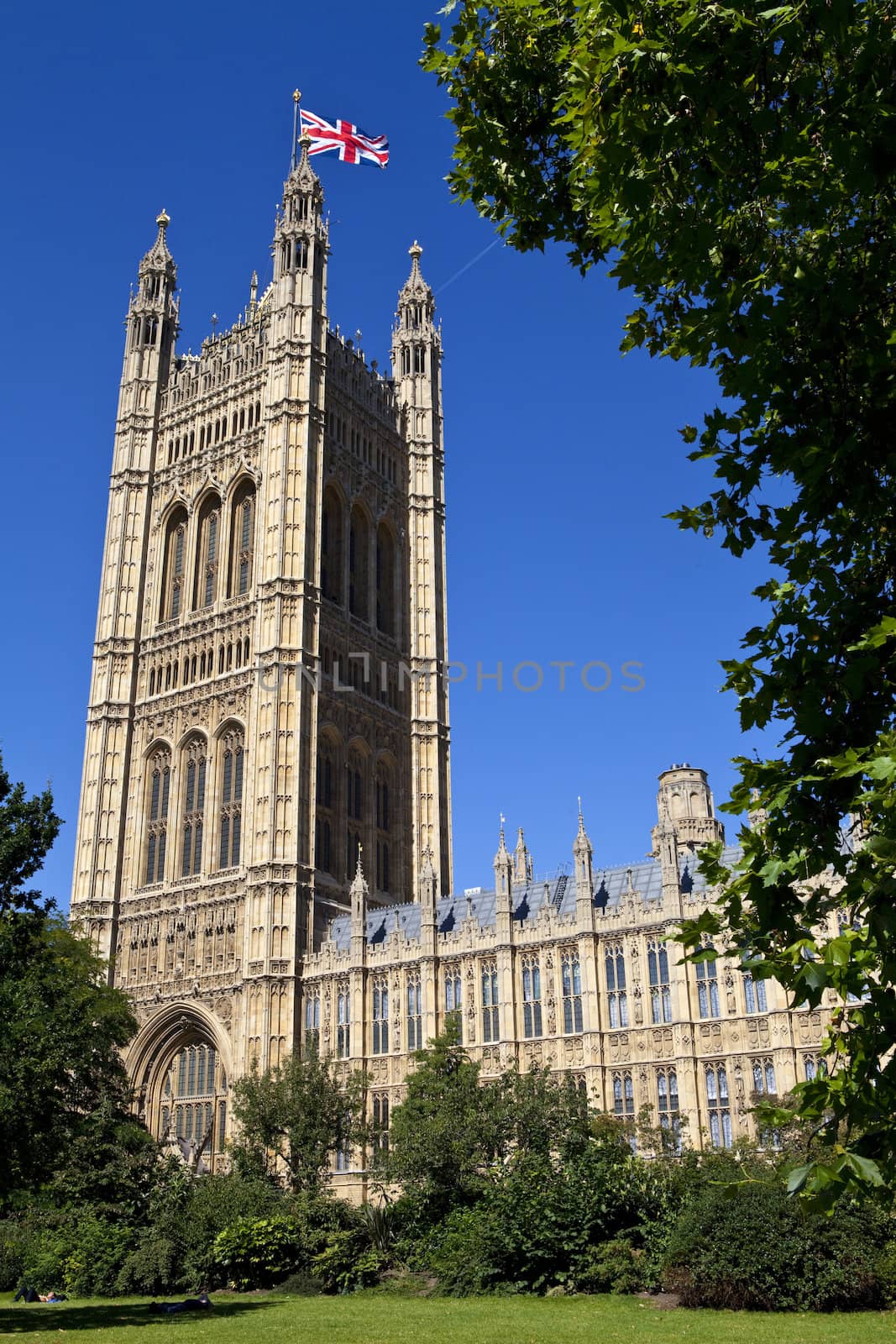 The union flag flies on the Victoria Tower of the Houses of Parliament in London.