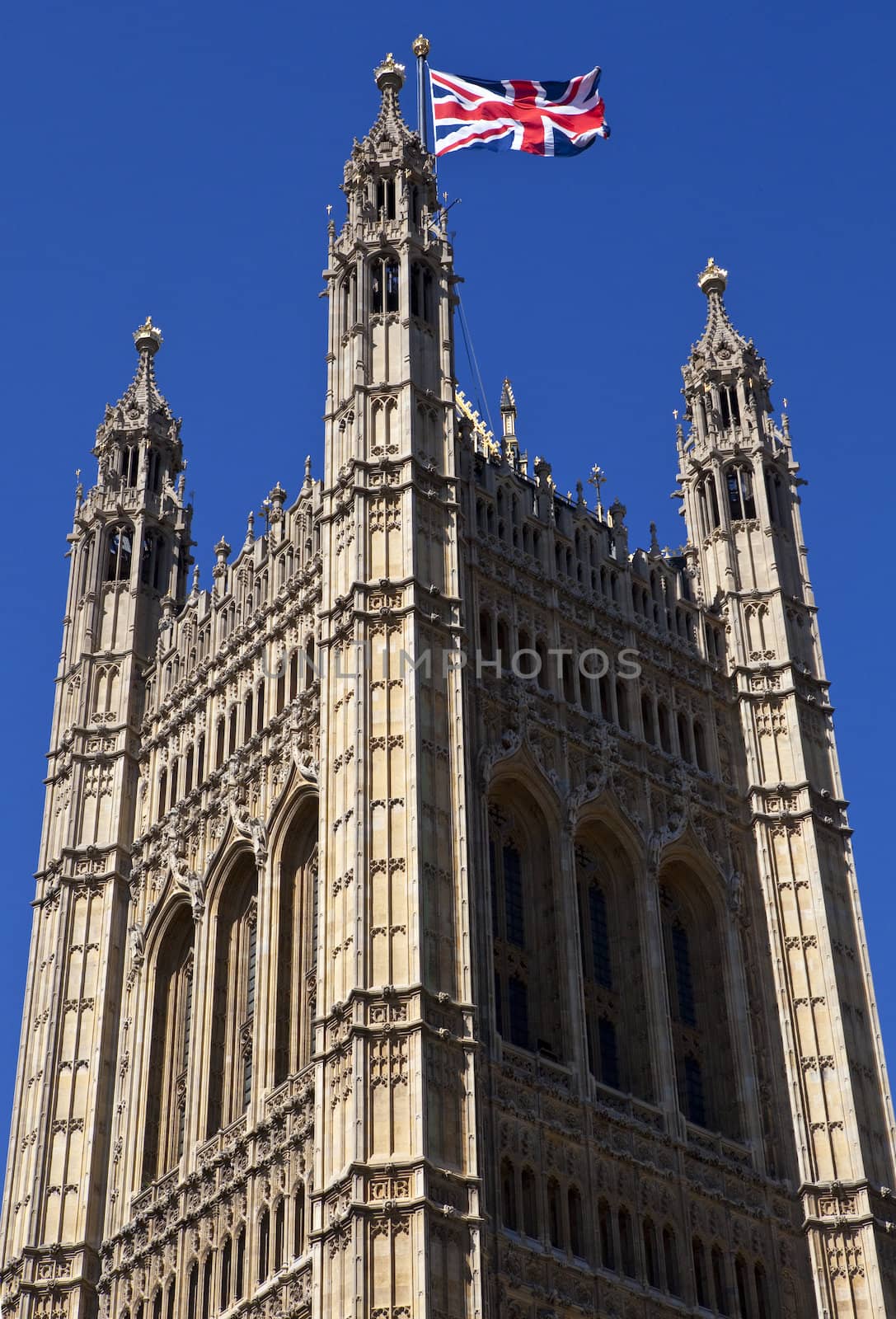 The Victoria Tower of the Houses of Parliament/Palace of Westminster in London.
