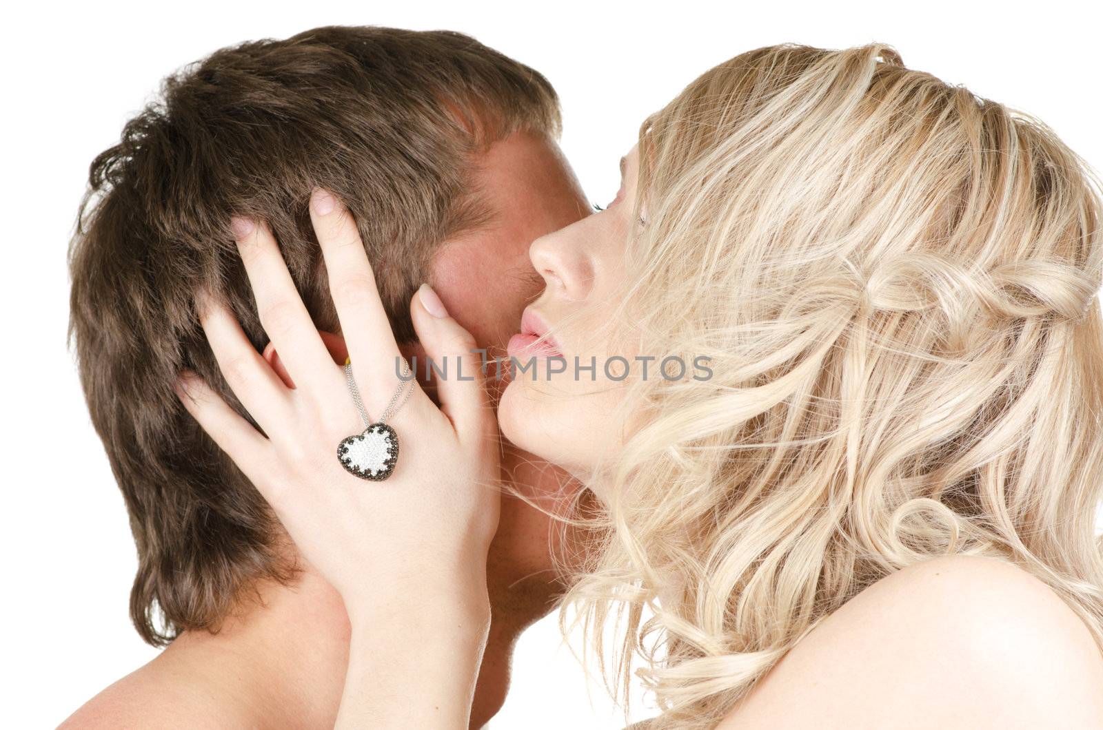 Kissing man and woman - lovers closeup portraits