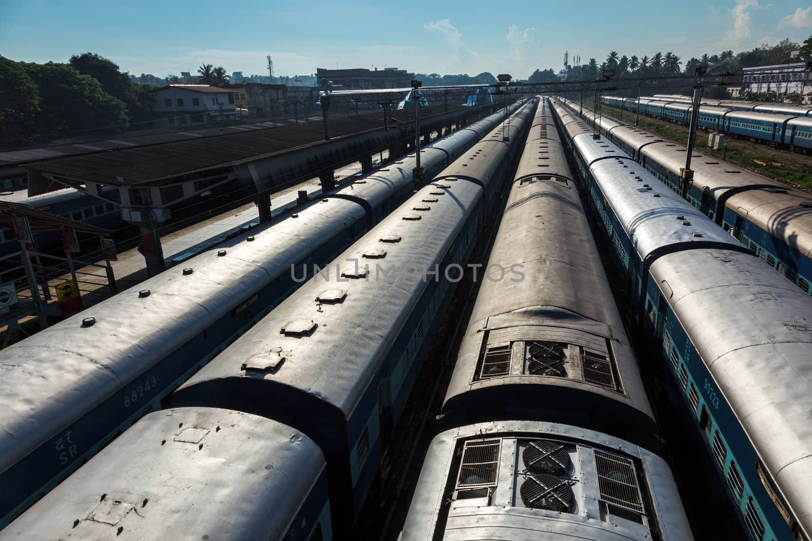 Trains at train station. Trivandrum, Kerala, India