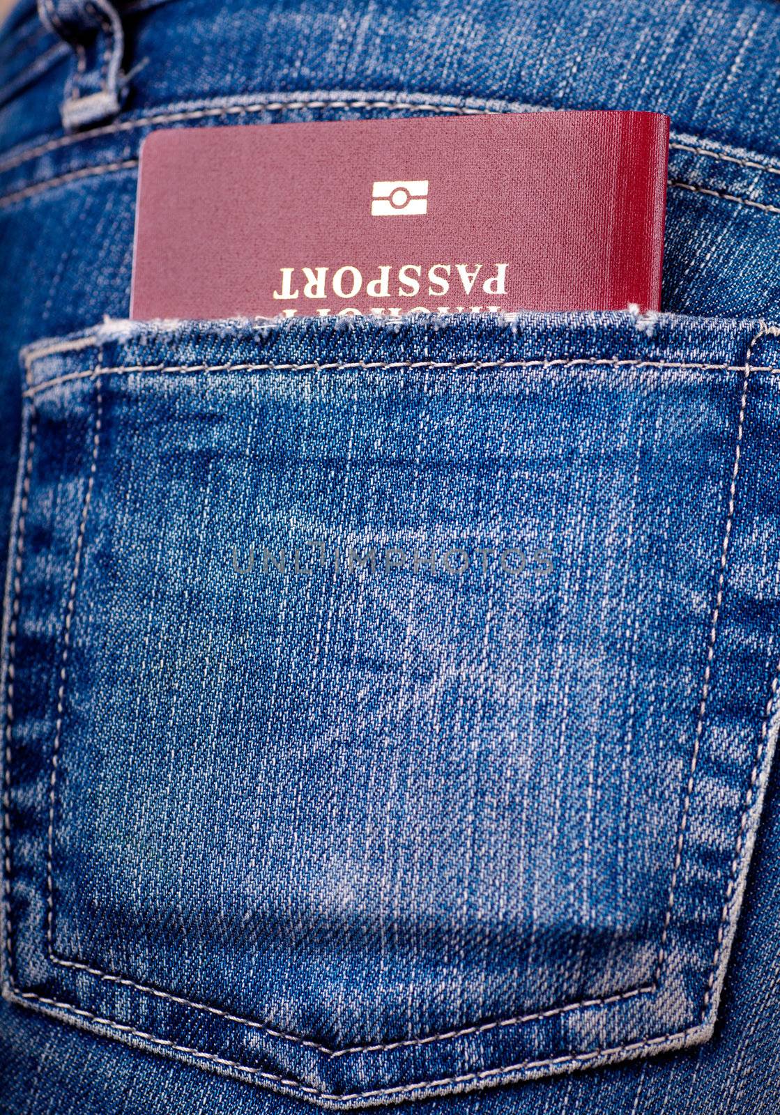 Closeup view of a denum pocket with a passport
