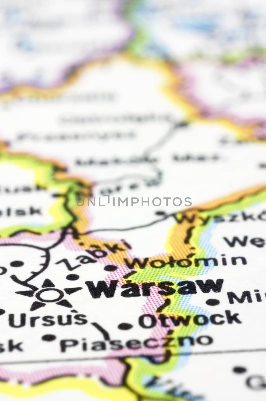 a close up shot of Warsaw on map, capital of Poland.