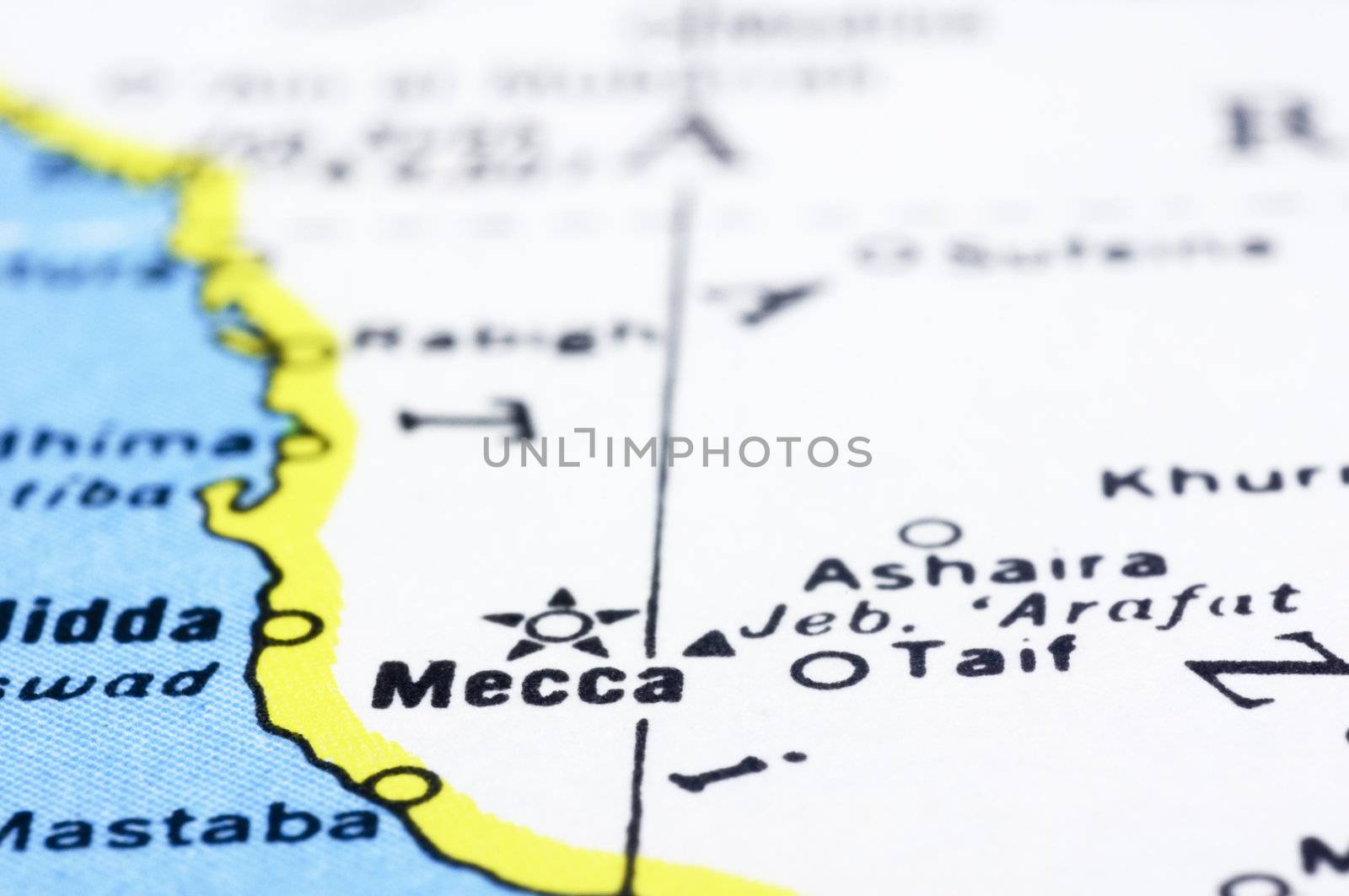 a close up shot of mecca on map, Saudi Arabia