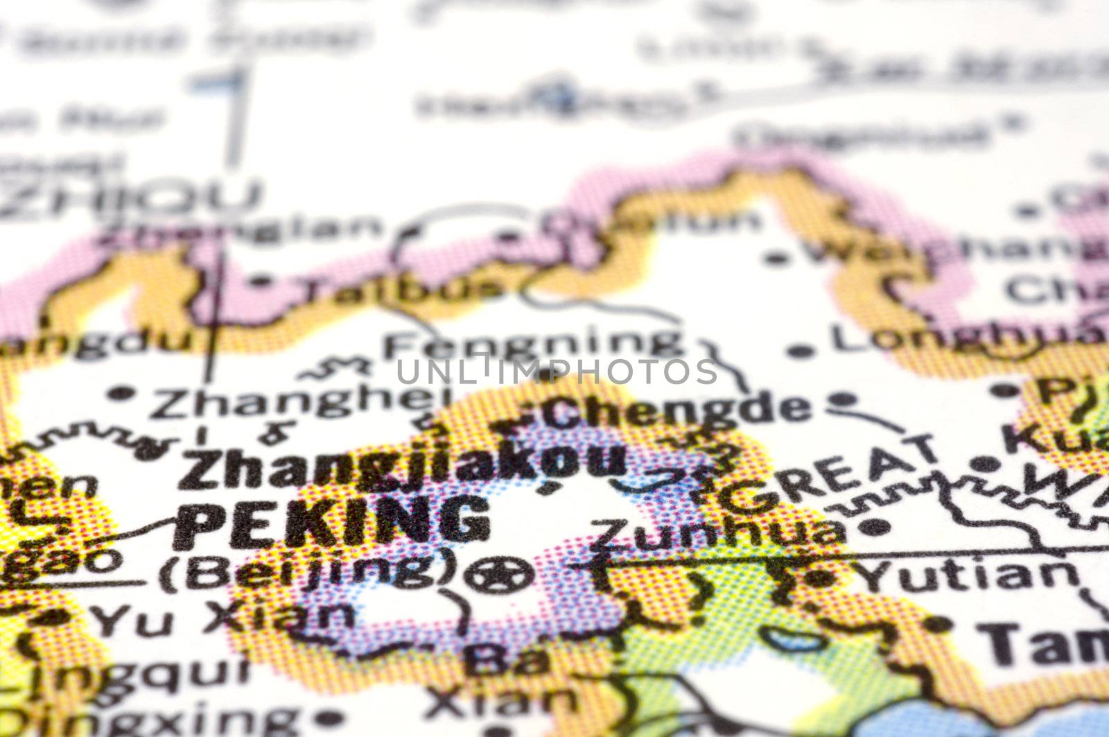 a close up shot of Peking (old name of Beijing) on map, city of china. 