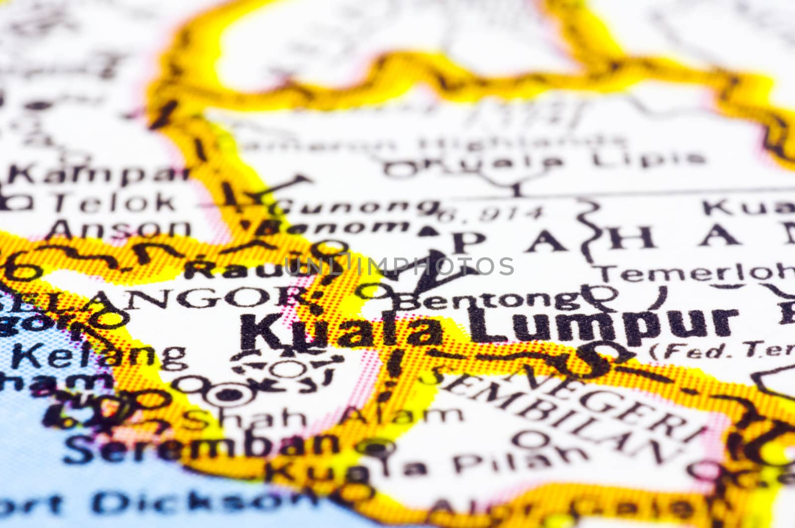 a close up shot of kuala lumpur on map, capital city of Malaysia