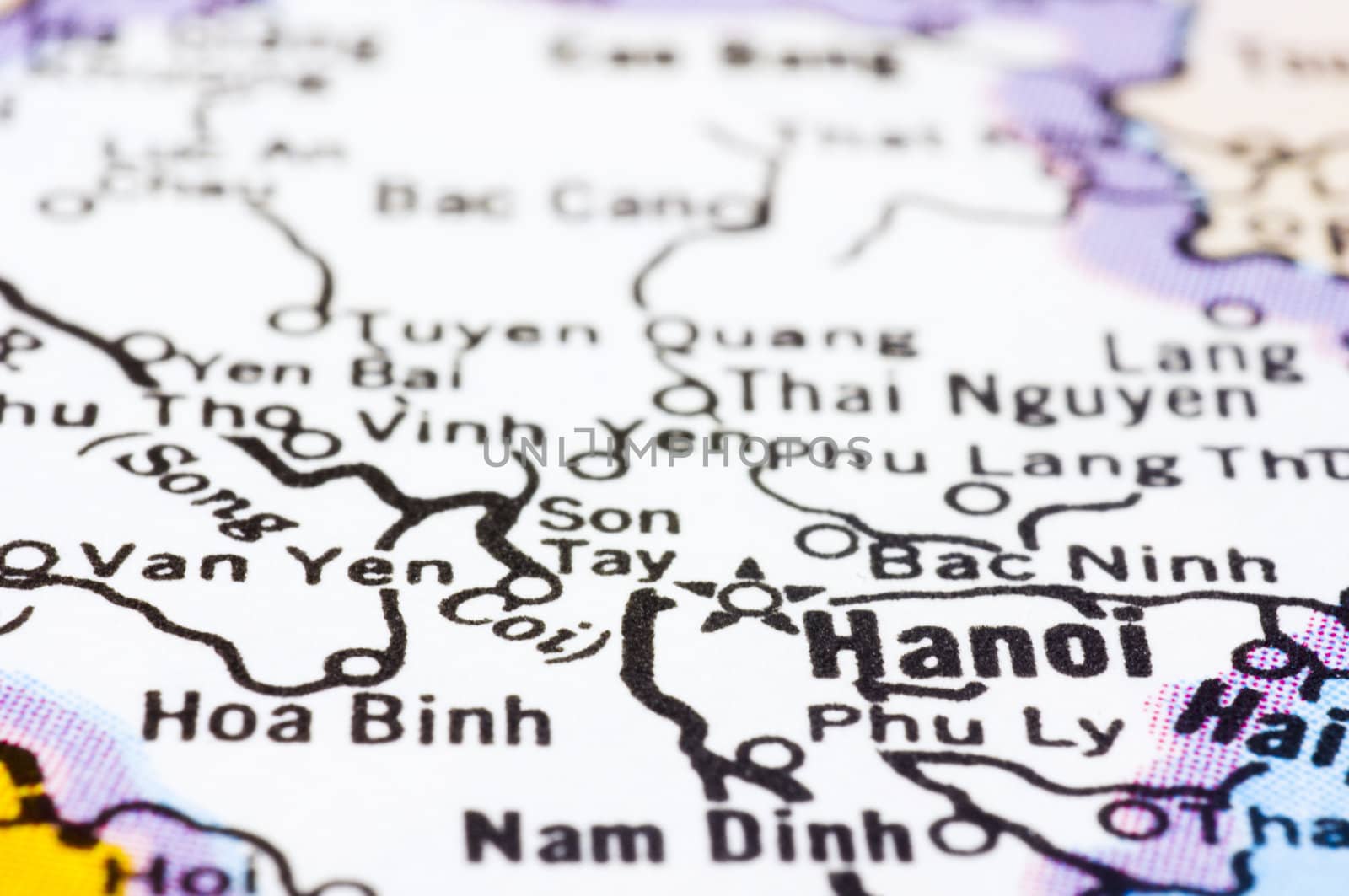 a close up shot of Hanoi on map, capital of vietnam.