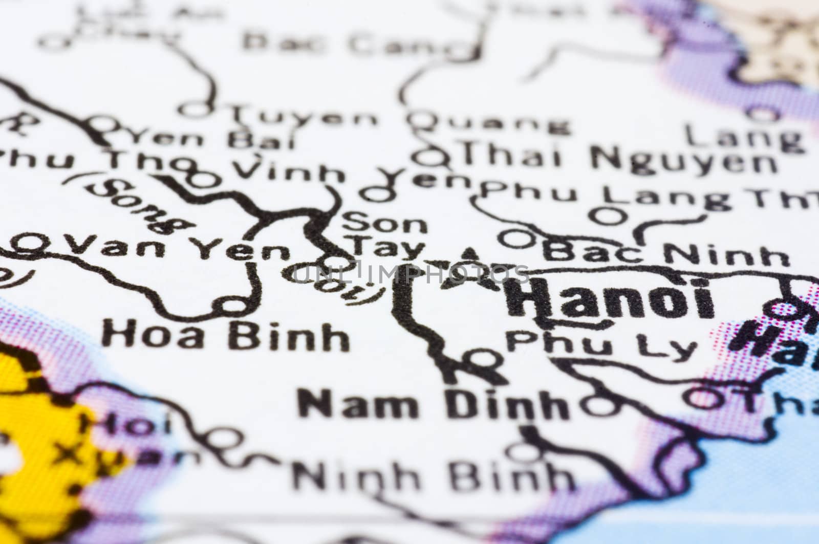 a close up shot of Hanoi on map, capital of vietnam.