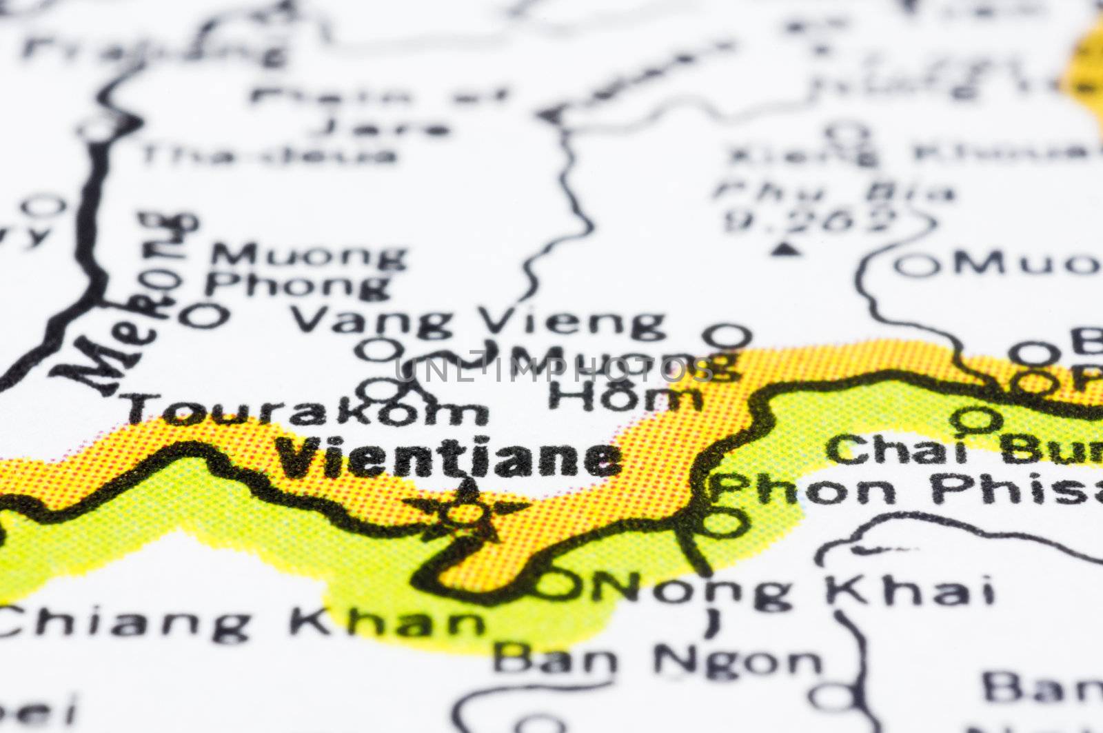 a close up of Vientiane on map, capital of Laos.