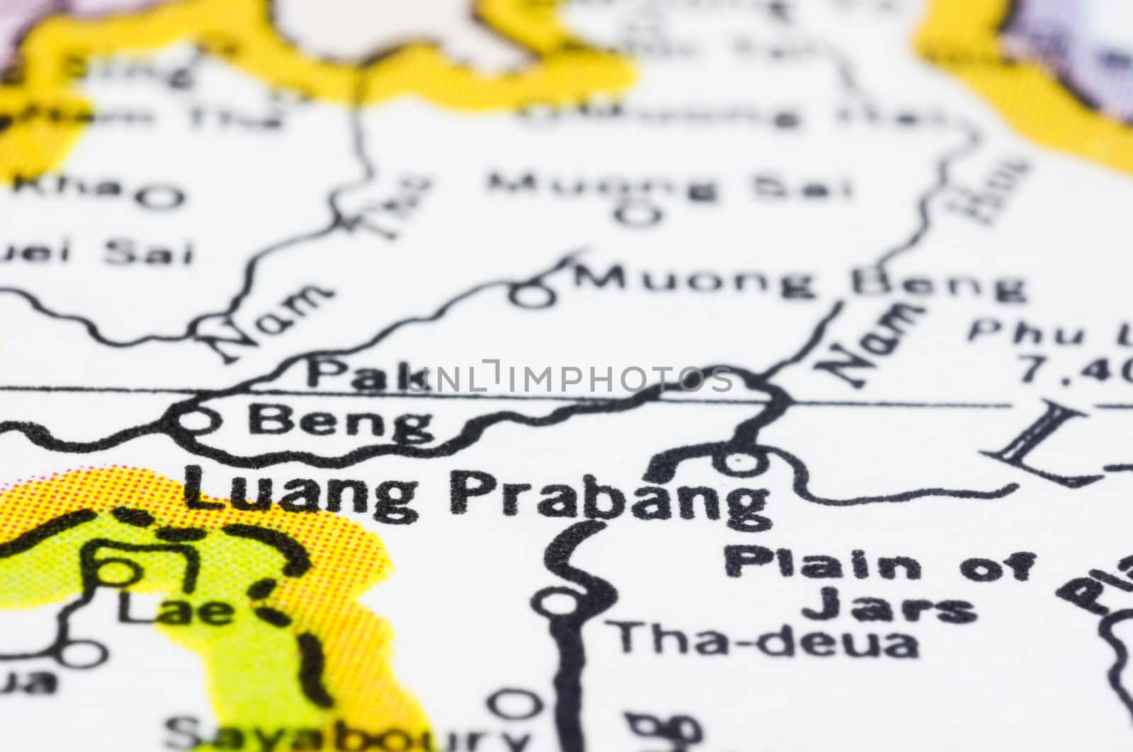 a close up shot of Luang Prabang on map, Laos.