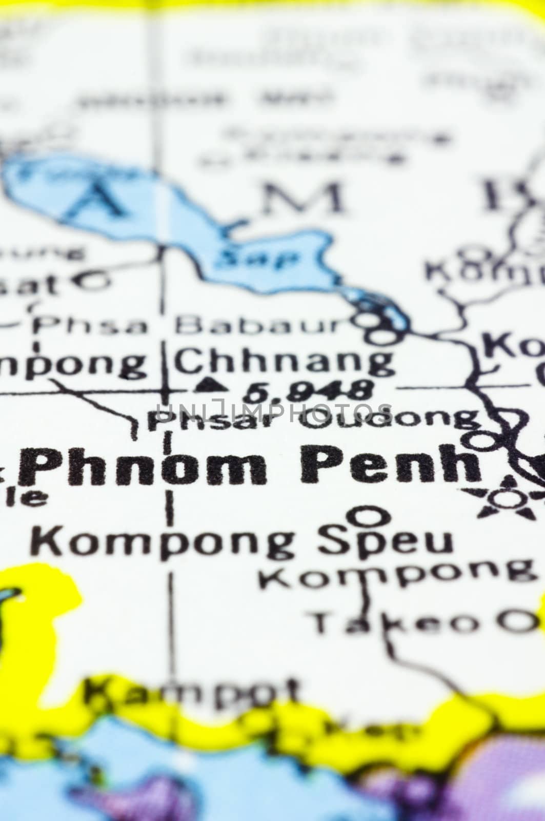 a close up shot of Phnom Penh on map, capital of Cambodia.