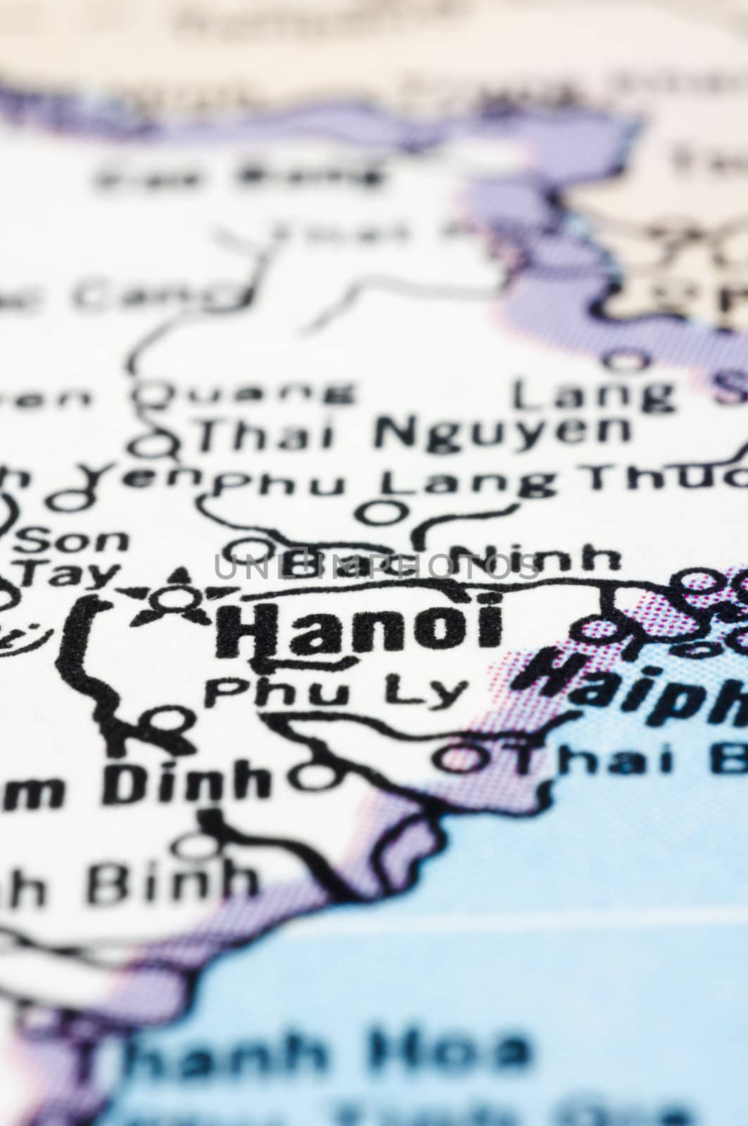 a close up shot of Hanoi on map, capital of vietnam.