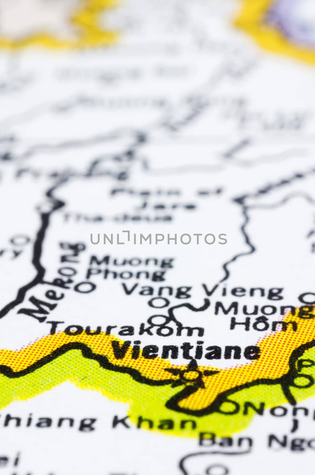 a close up of Vientiane on map, capital of Laos.