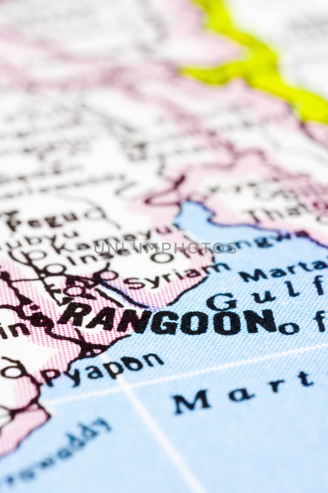 a close up shot of Rangoon or Yangon on map, former capital of Myanmar.