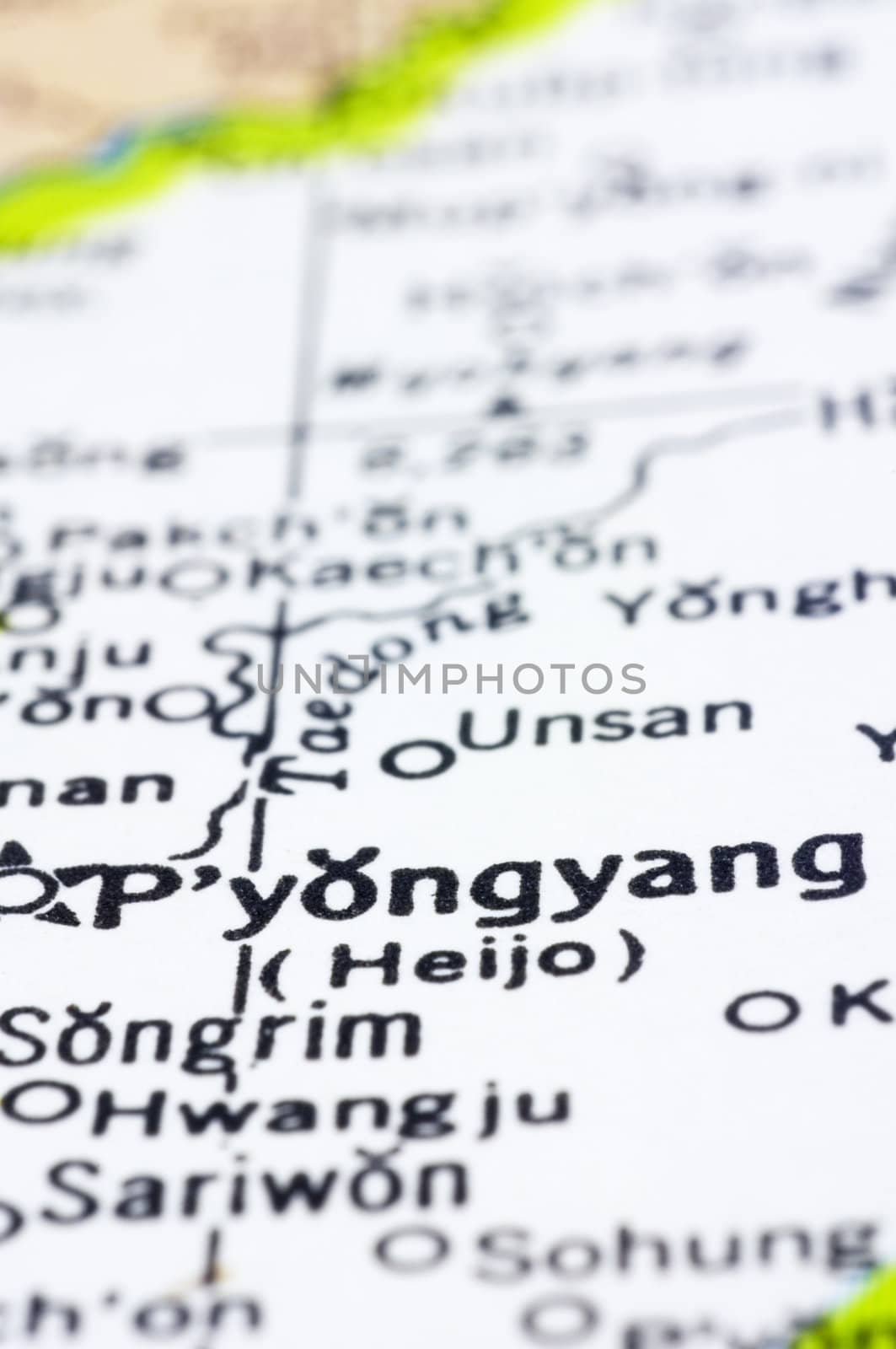 close up of Pyongyang on map, capital city of North Korea.