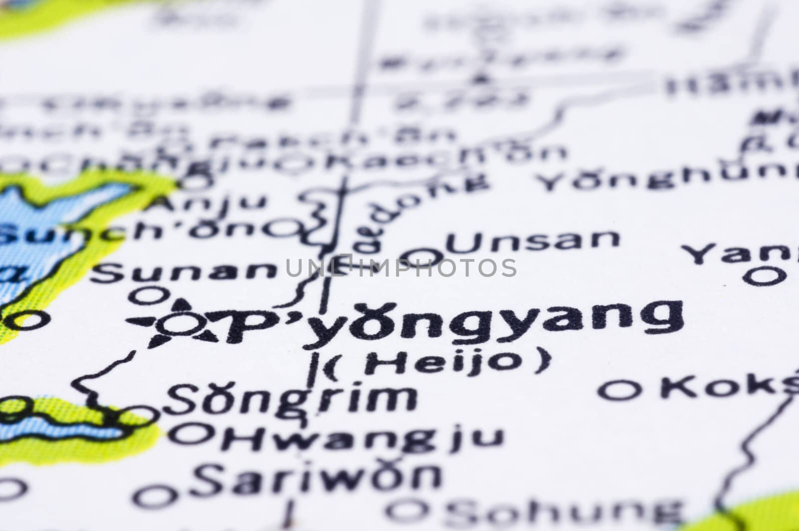 close up of Pyongyang on map, capital city of North Korea.