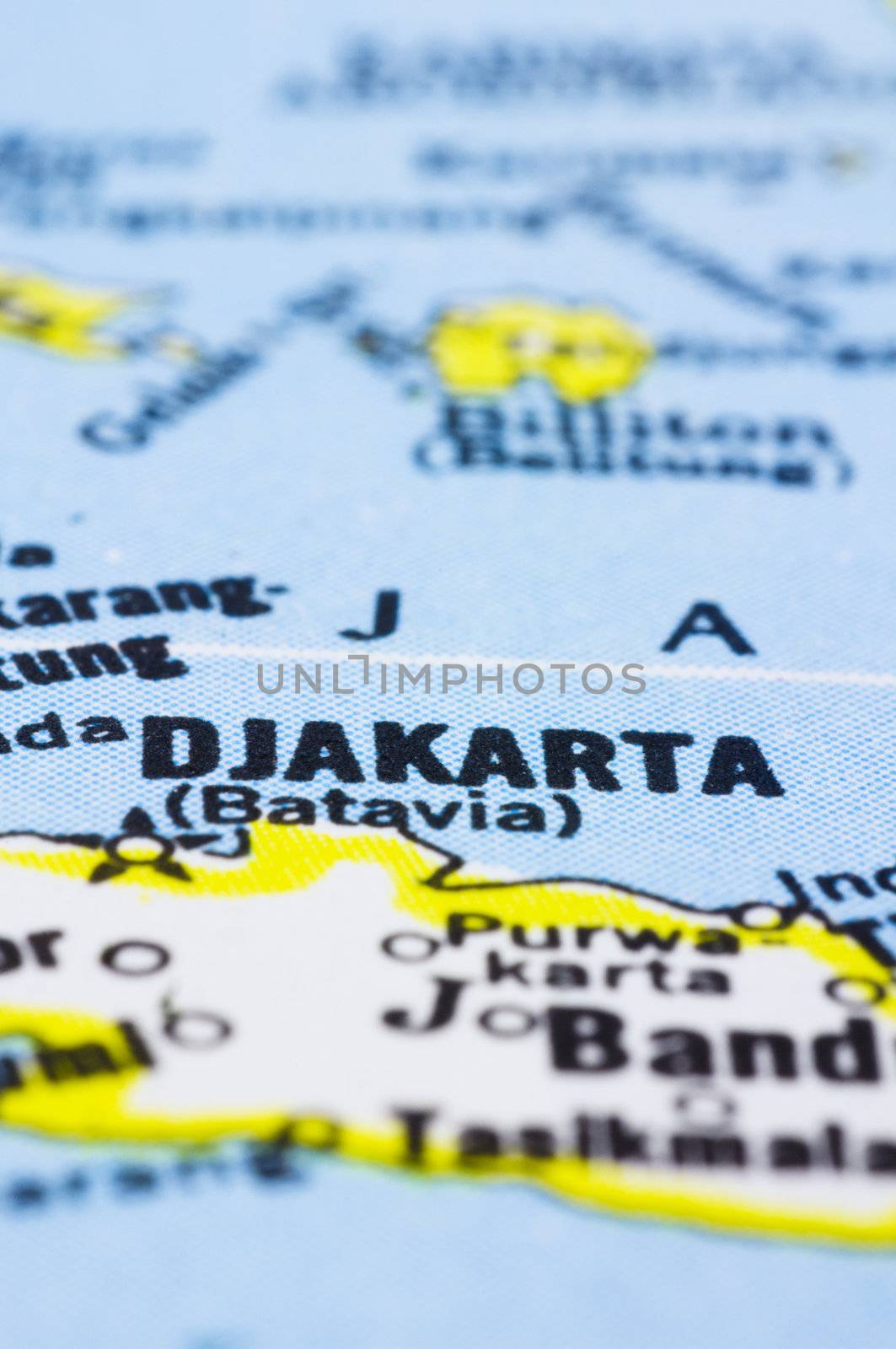 a close up shot of Jakarta on map, capital of Indonesia.