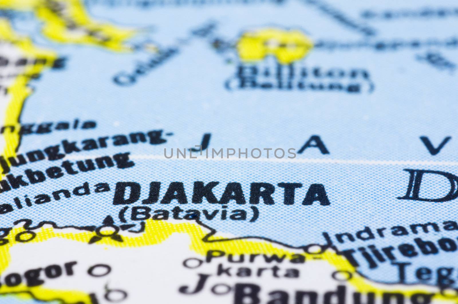 a close up shot of Jakarta on map, capital of Indonesia.