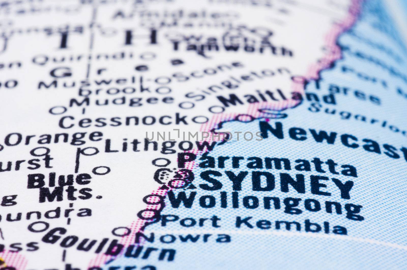 a close up shot of Sydney on map, australia.