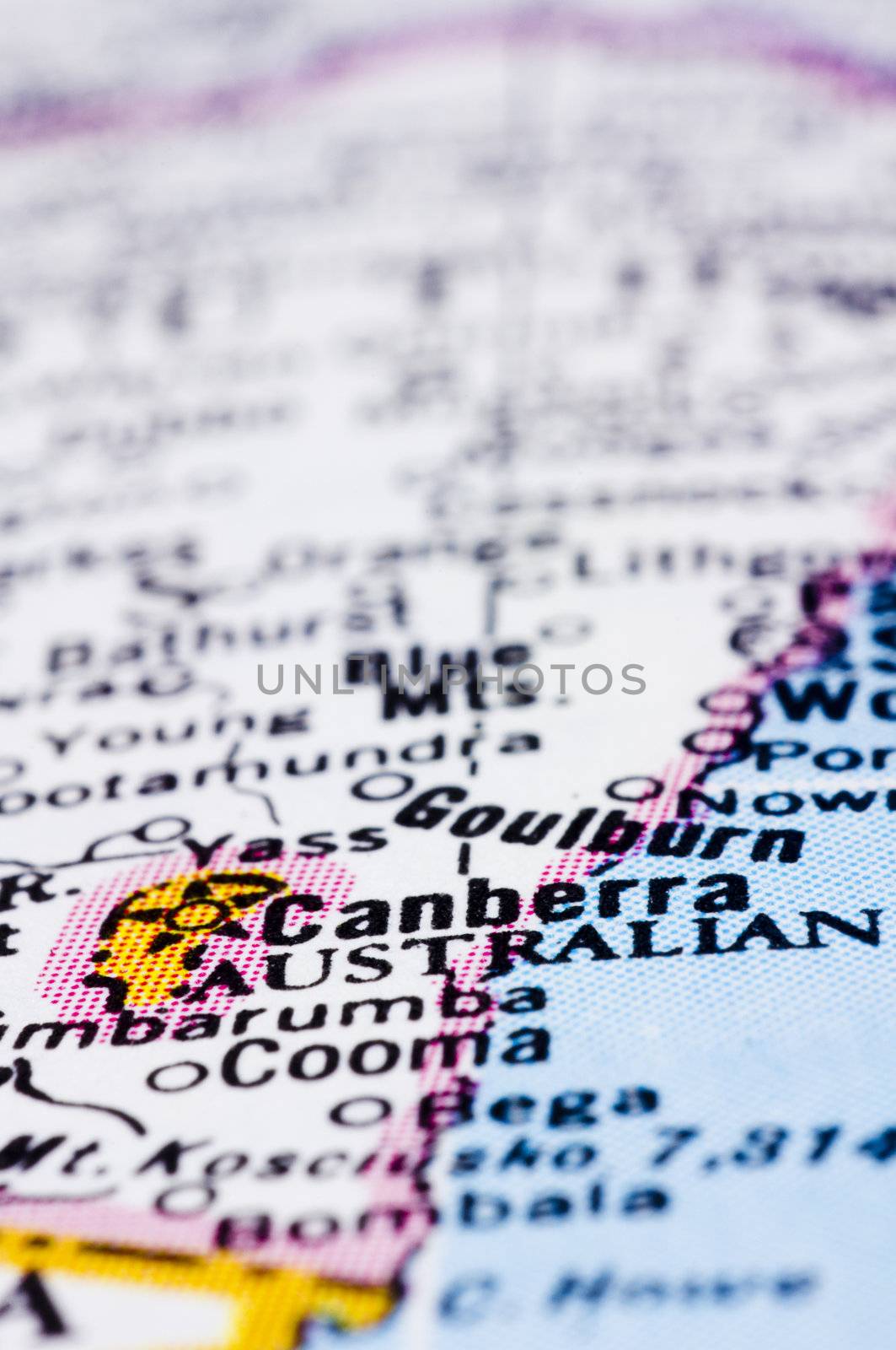 a close up shot of Canberra on map, capital city of australia.
