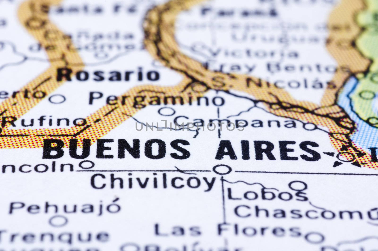 A close up shot of Buenos Aires on map, capital of Argentina.