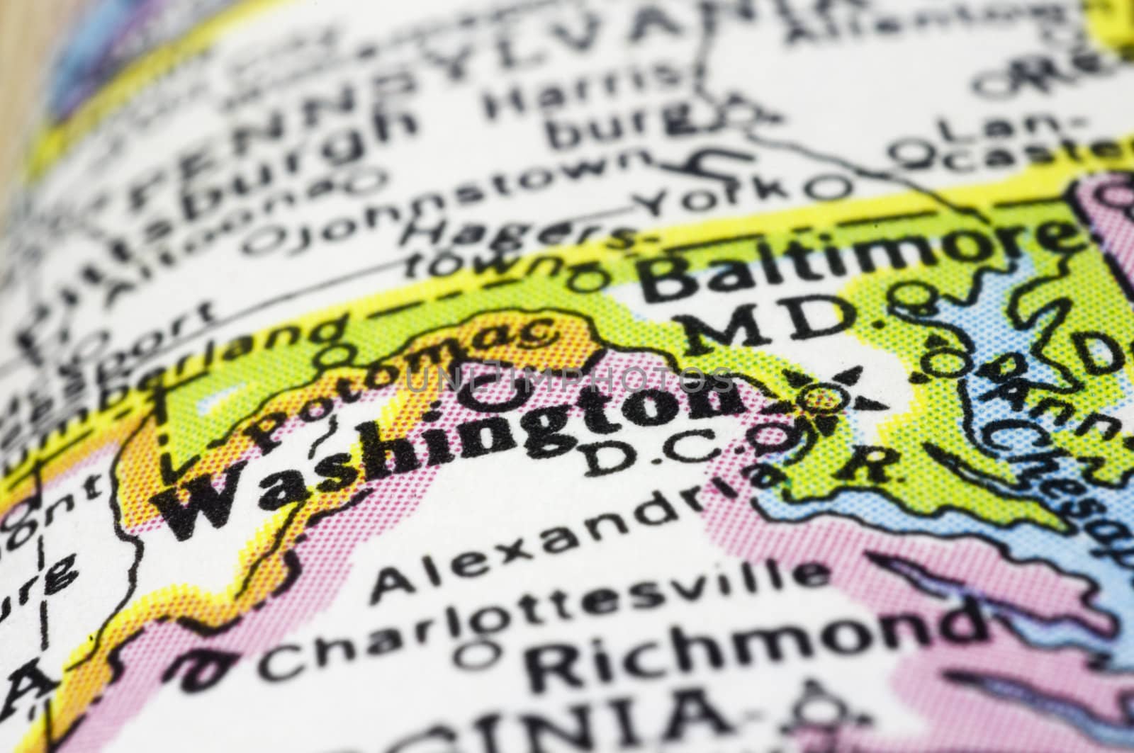 washington DC close up on map, shallow depth of field