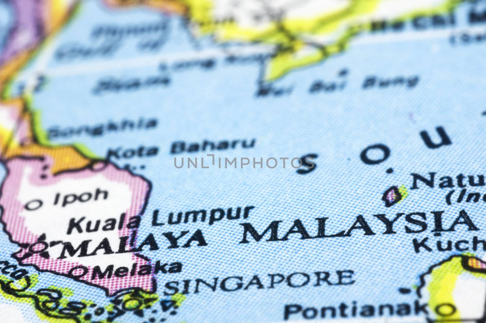 Malaysia close up on map, southeast asia countries.


