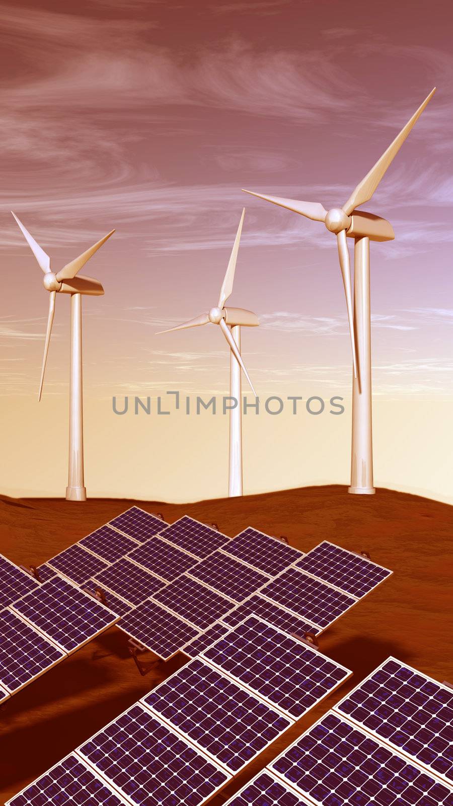 Solar panels and wind turbines with a sunset sky by shkyo30