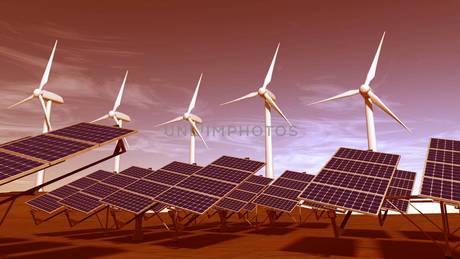 Wind turbines and articulated solar panels with a sunset sky
