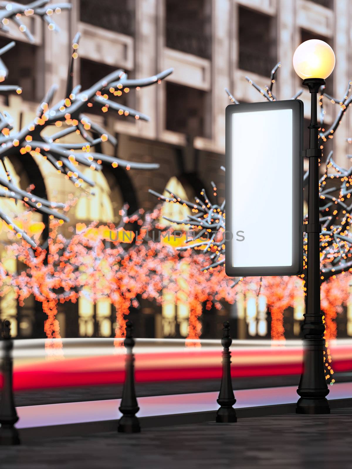 Blank template layout billboard at christmas illuminated street. by _nav_