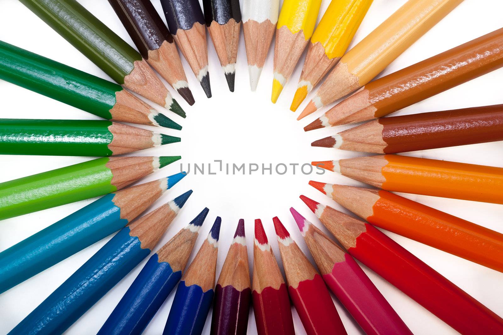 A vivid image with various colored pencils such as yellow, orange, red, pink and blue.