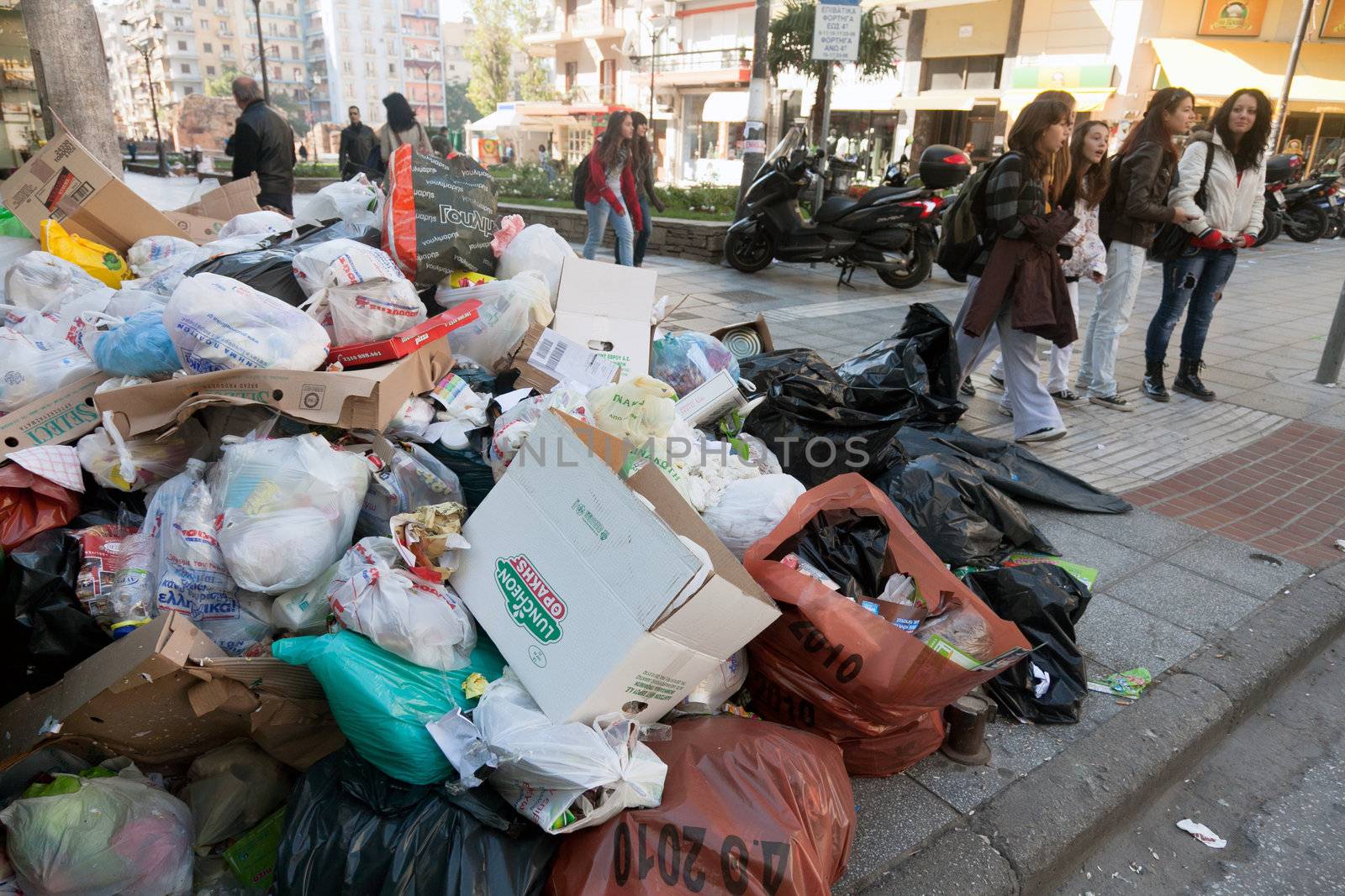 THESSALONIKI, GREECE - OCTOBER 20: 3 Weeks long garbage men strike afflicts the city of Thessaloniki on October 20, 2011 in Thessaloniki, Greece. Filled with piles of garbage is all over the city.