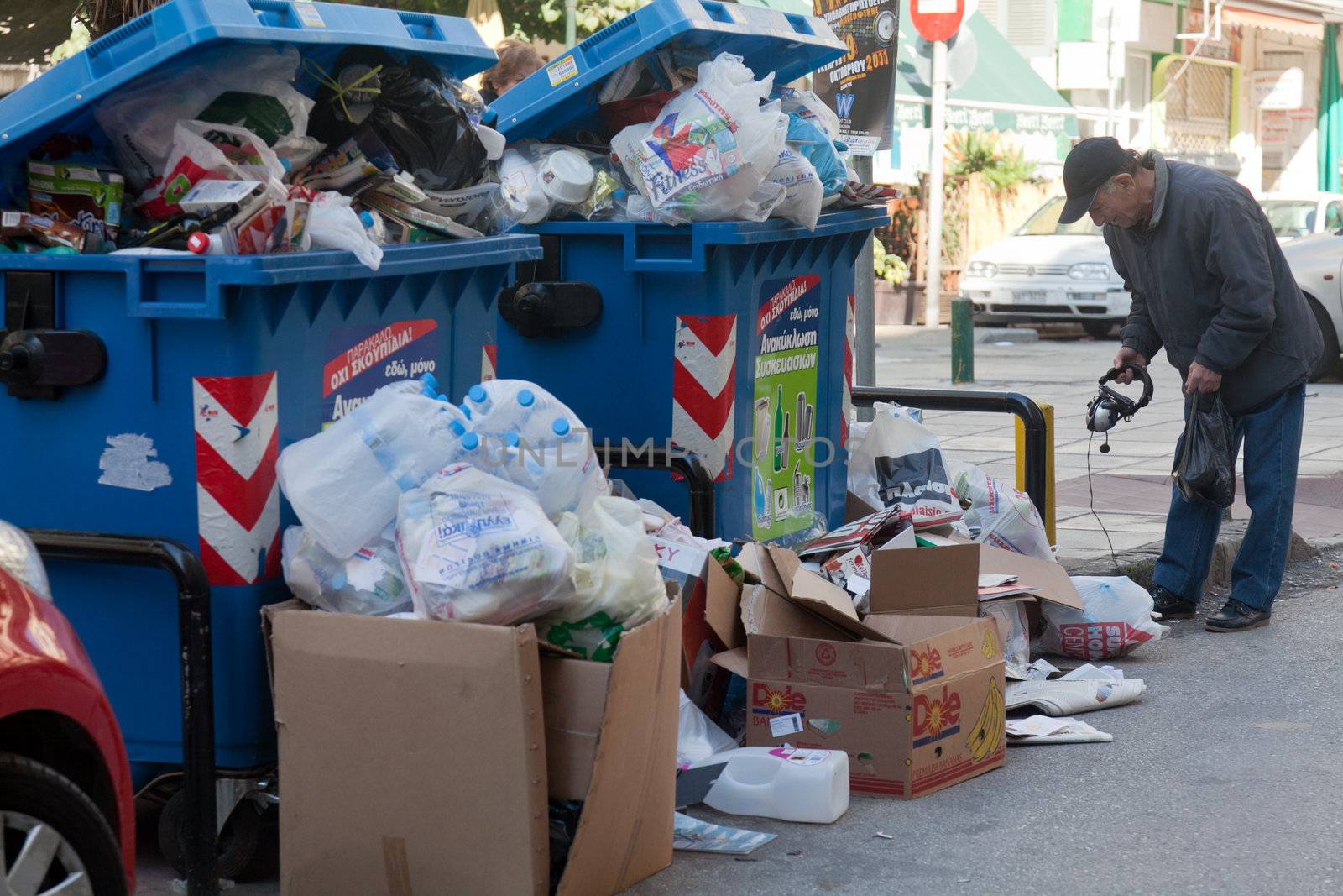 THESSALONIKI, GREECE - OCTOBER 20: 3 Weeks long garbage men strike afflicts the city of Thessaloniki on October 20, 2011 in Thessaloniki, Greece. Filled with piles of garbage is all over the city.