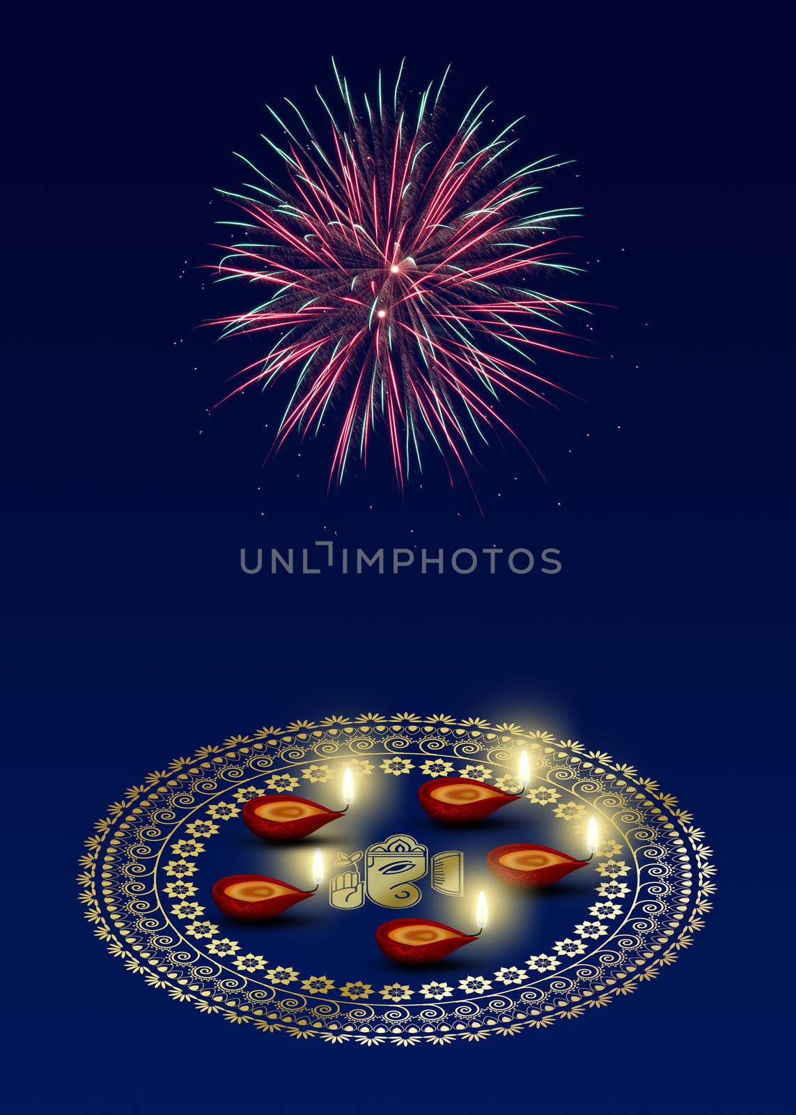 Happy Diwali Illustration: A golden mandala with Ganesha Rangoli and 5 diyas on a dark blue background with fireworks.