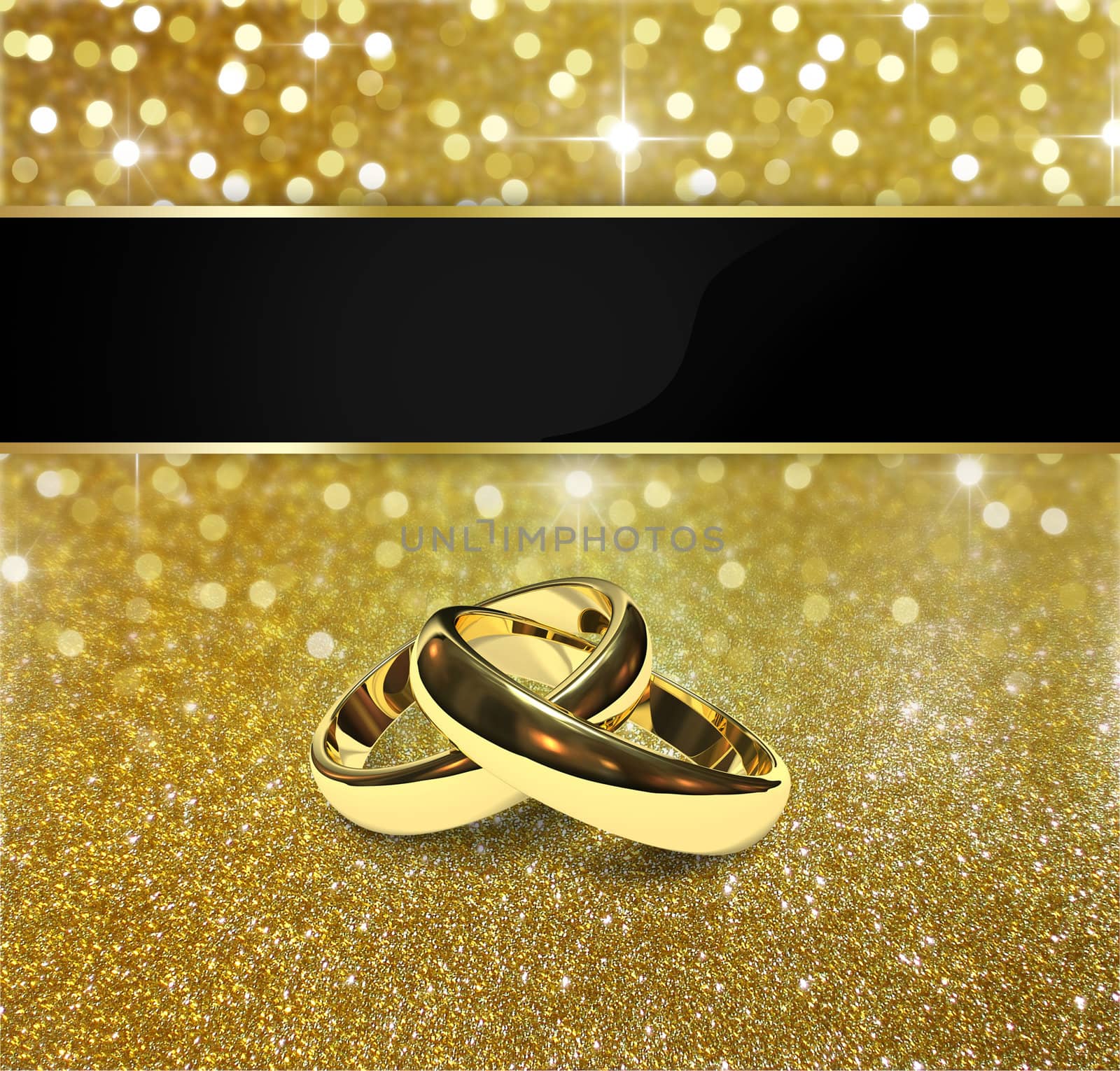 Elegant and luxurious gold design illustration: 2 golden wedding rings on a gold glitter and bokeh background with sparkling 
bright stars.