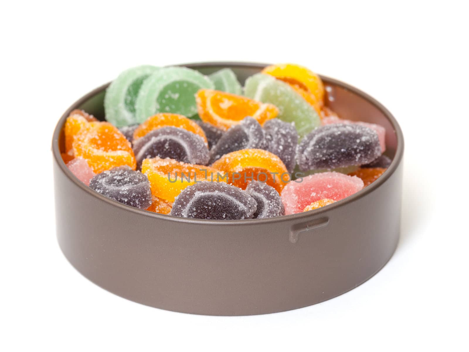 Colorful Jelly Candies in tin can, on white background