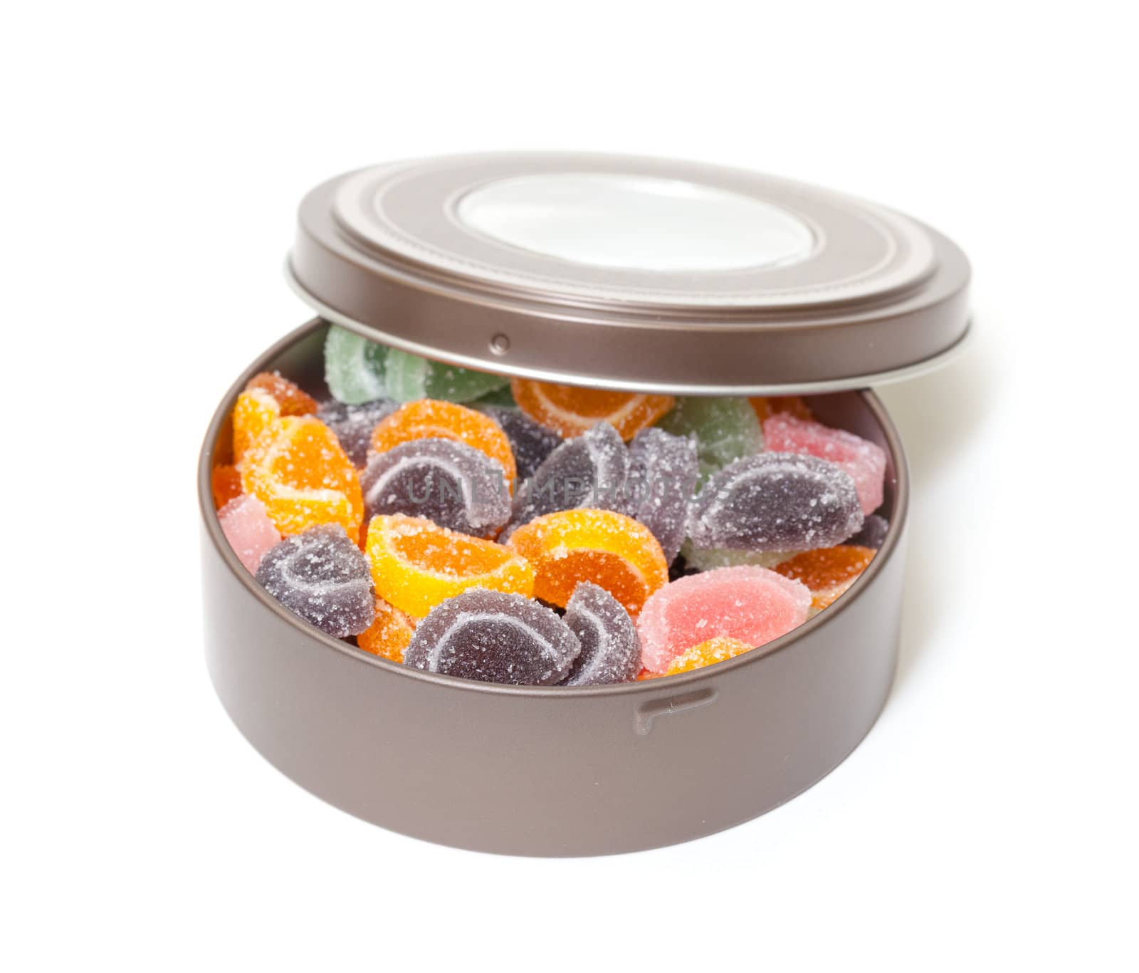 Colorful Jelly Candies in tin can, on white background