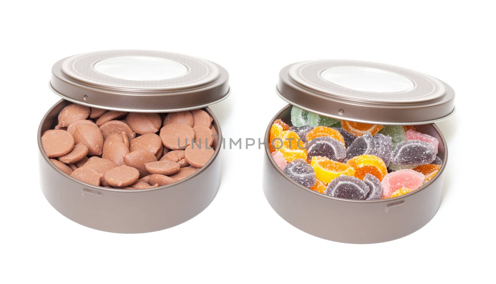 Colorful Jelly and Chocolate Candies in tin cans by Discovod