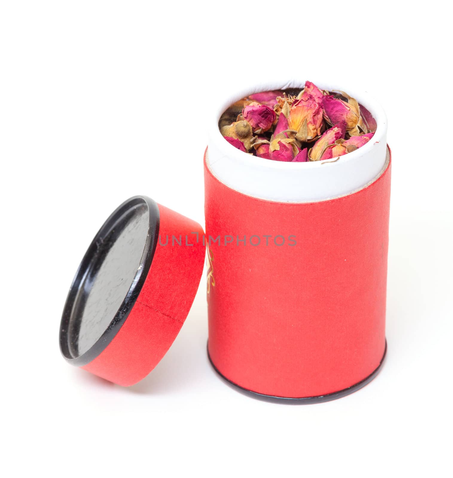 Dried Rosebuds in red can, on white background