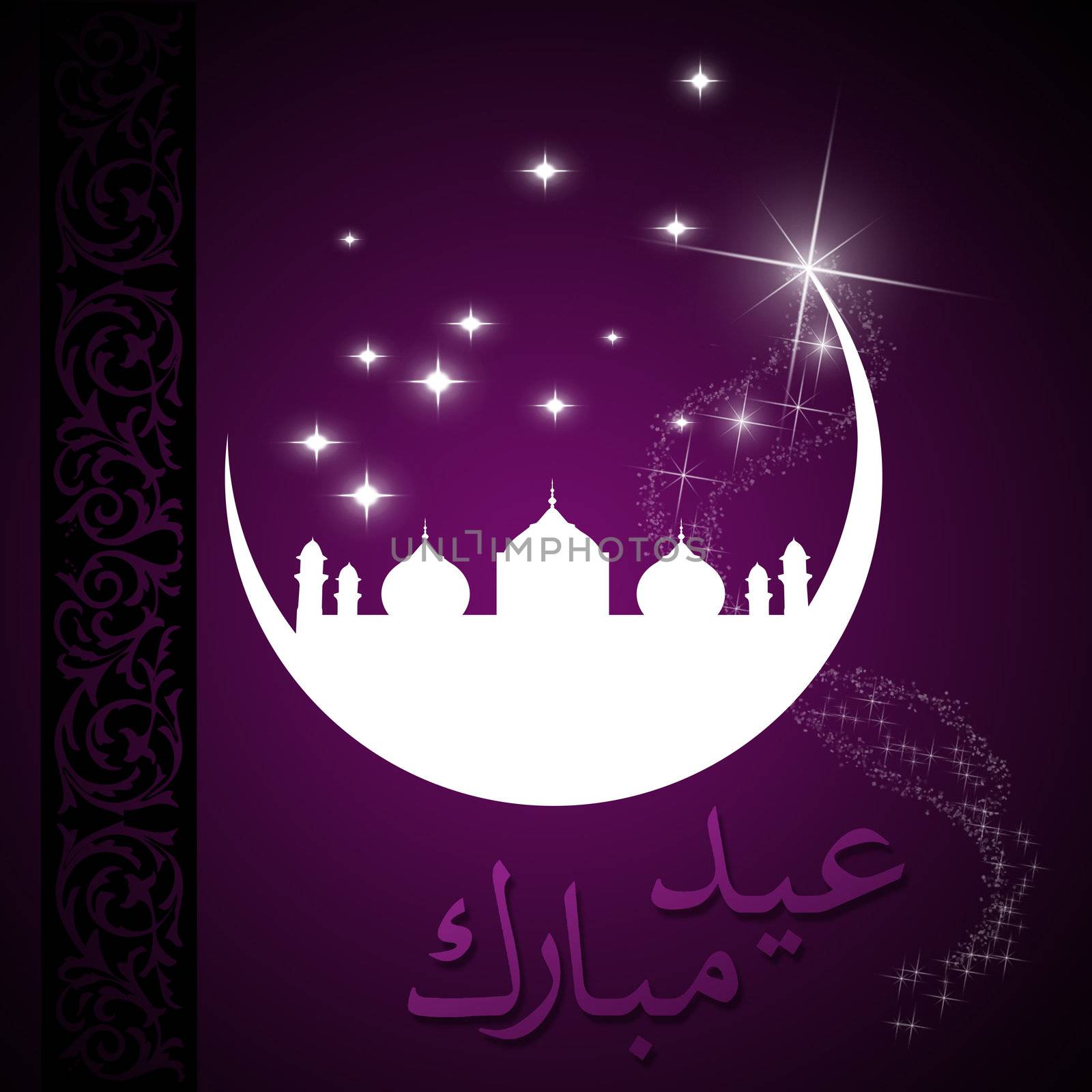 Eid Greeting illustration with silhouettes of the moon, stars and a mosque. Eid Mubarak lettering in arabic script and an ornamental border.