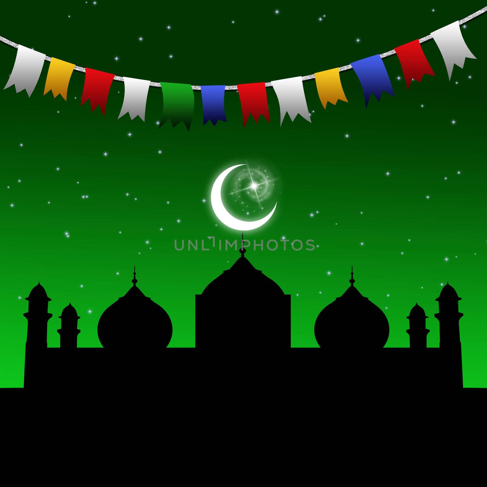 Eid illustration with a festive and colorful garland in a magic night scene with a mosque silhouette and the moon and stars
on a green night sky.