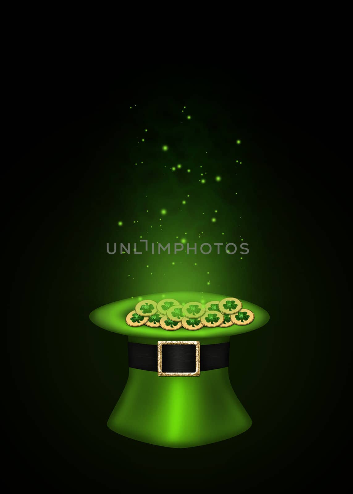A magical St. Patrick´s Day illustration: Green top hat full with golden shamrock coins which are sparkling on a black background.